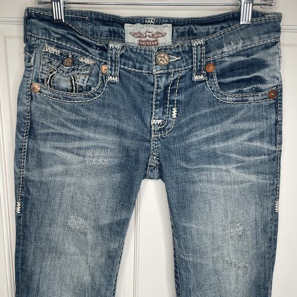 Big Star Women’s Low-Rise Liv Boot Cut Jeans Sz 27R Thick Stitching Distressed - Picture 2 of 16